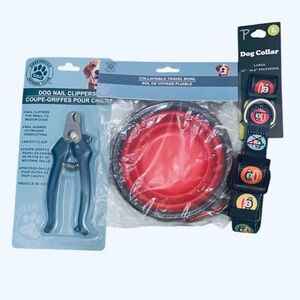 Pet Travel Kit with Red Bowl and Blue Clippers